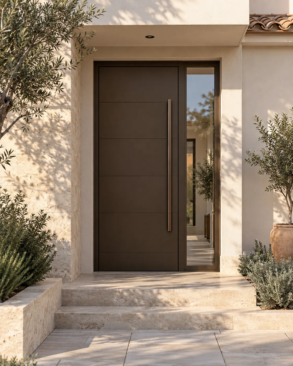 Puerta exterior contemporánea en una fachada residencial